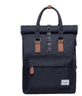 Casual black polyester backpack with a cover flap, showing internal computer pocket and zipper pocket.