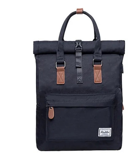Casual black polyester backpack with a cover flap, showing internal computer pocket and zipper pocket.