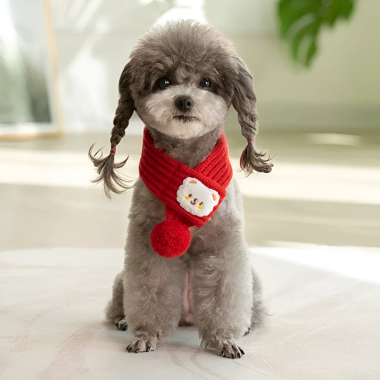 Fashion personalized pet cat winter wool scarf in knitted material with embroidered cartoon pattern, available in multiple colours and sizes