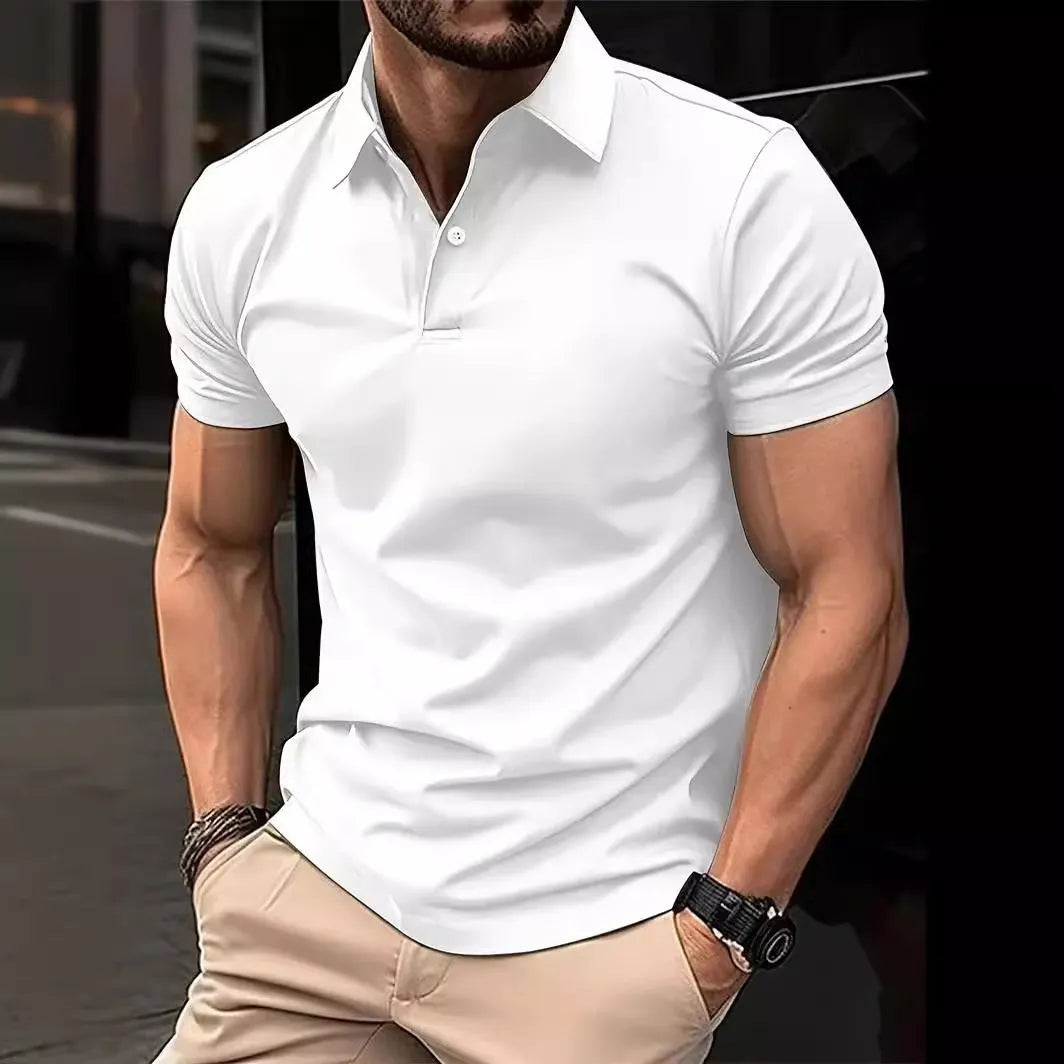 Men's slim fit button-up short sleeve shirt in a solid colour on a hanger.
