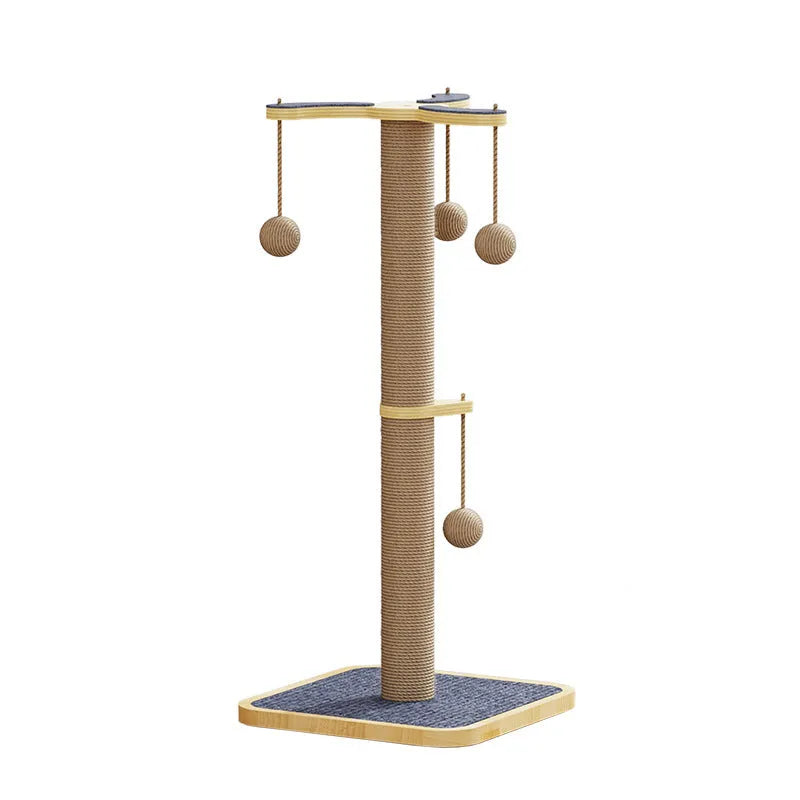 Simple modern cat climbing frame with a scratch-resistant hanging ball, made from pine wood and carpet leather.