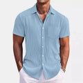 Men's loose casual short-sleeved shirt with vertical stripes in a solid colour.