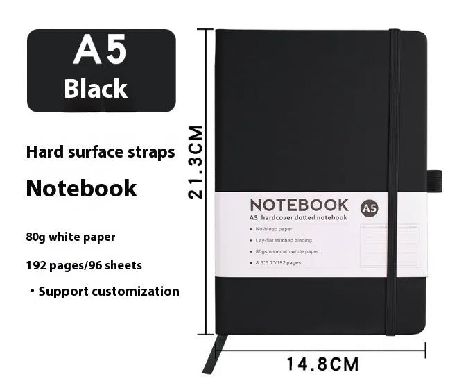 A5 diary with soft PU leather cover in a skin feeling texture, open to show horizontal line pages.