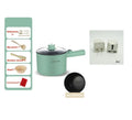 Mini electric hot pot appliance in stainless steel with non-stick coating and included cooking accessories