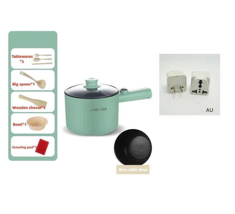 Mini electric hot pot appliance in stainless steel with non-stick coating and included cooking accessories