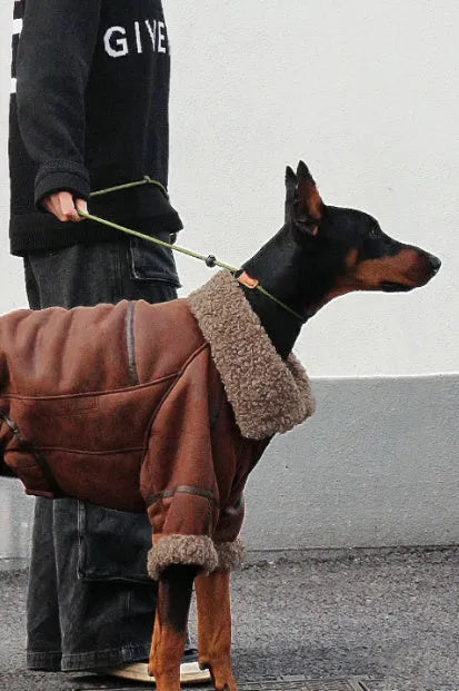 Winter velvet pet lapel leather coat for big dogs, denim fleece collar, sizes 4XL to 7XL