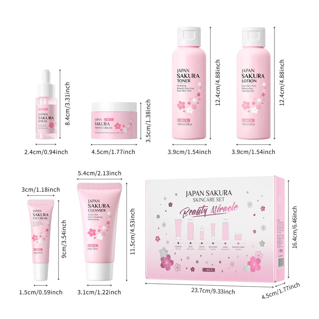 Cherry blossom skin care 6-piece set showing cleansing foam, toner, cream, essence liquid, eye cream, and essence cream