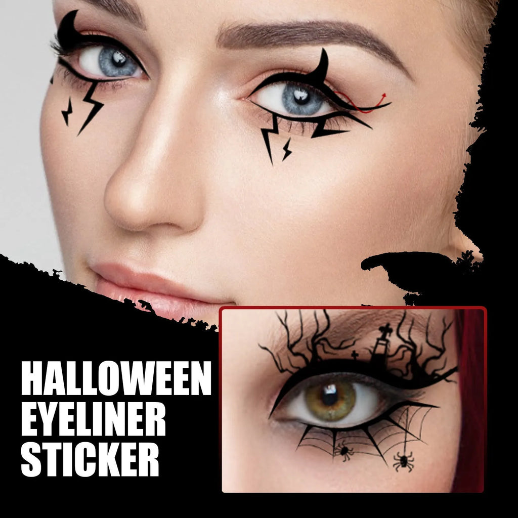 Set of bat and spider shaped decorative eyeliner stickers for makeup application.
