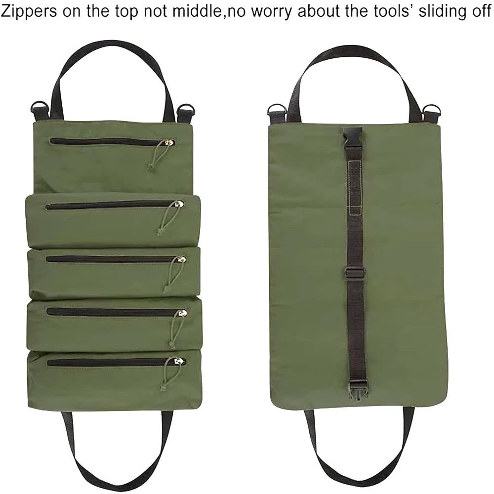 Super Roll Tool Roll multi-purpose wrench roll in Oxford cloth, khaki colour, rolled up with tools visible