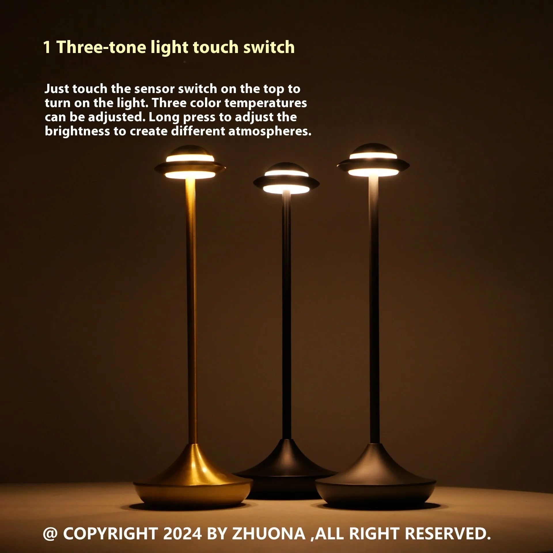 Metallic UFO-shaped rechargeable desk lamp with touch base in black, gold, or grey colour.