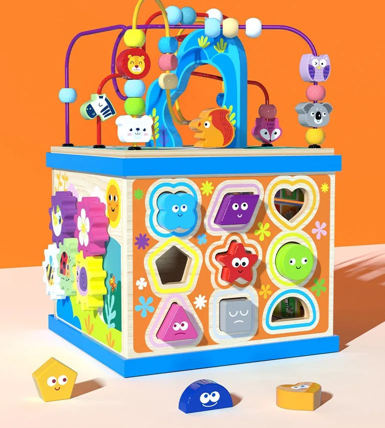 Blue wooden bead treasure box toy with multifunctional scenes for children's development