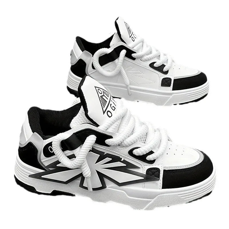 Men's white thick-bottom Harajuku sneakers with cartoon pattern and chunky rubber sole