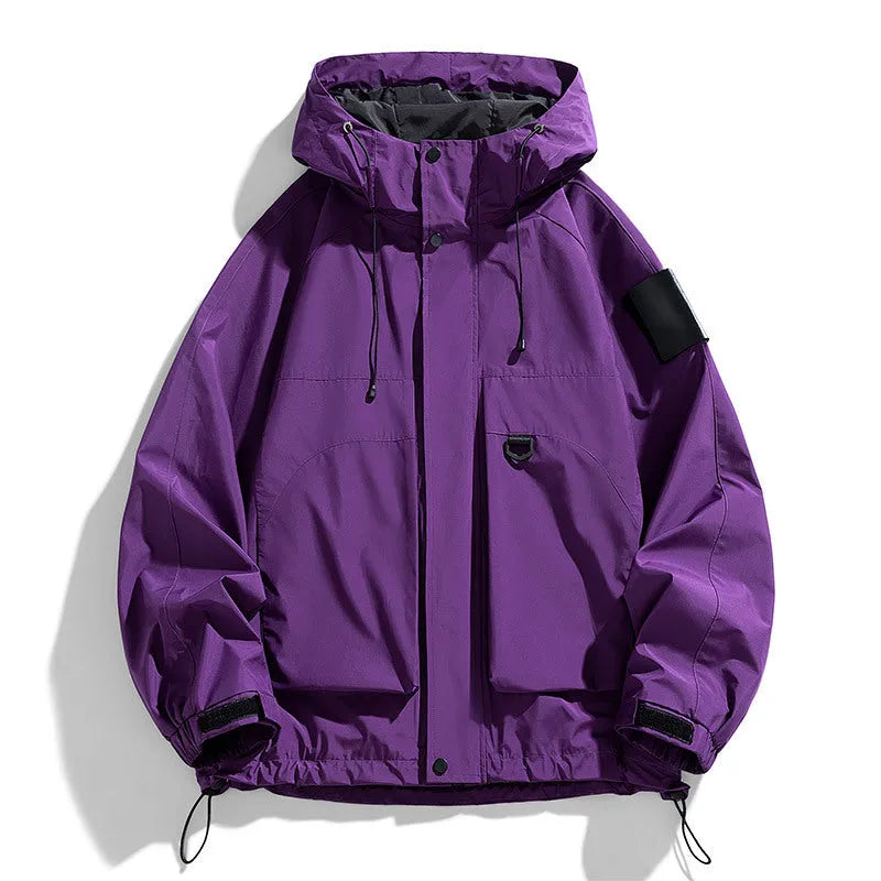 Men's black waterproof windproof hooded jacket on a hanger, showing long sleeves and regular length.
