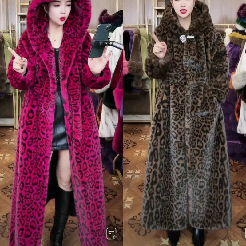 Long brown leopard print faux fur coat on a hanger, showing its loose plus-size fit and full length.