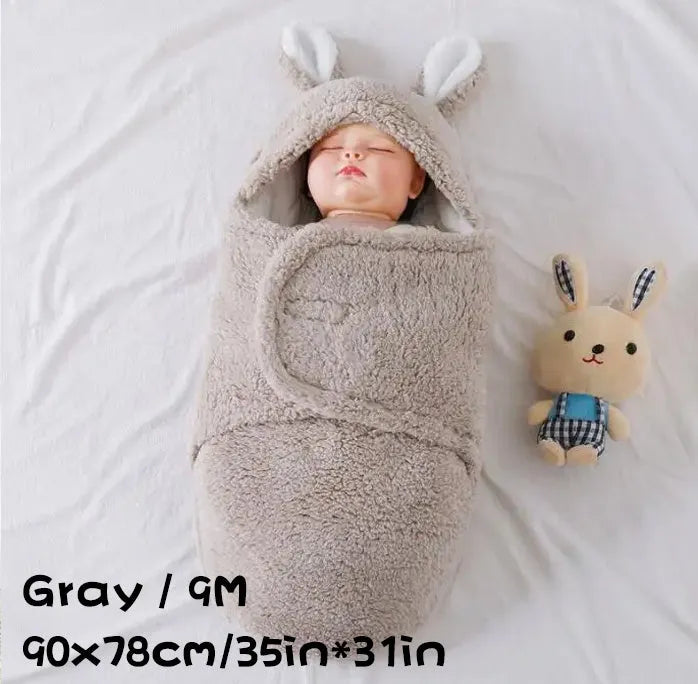 Fluffy fleece baby sleeping bag swaddle in blue with adjustable hook-and-loop closure for newborn