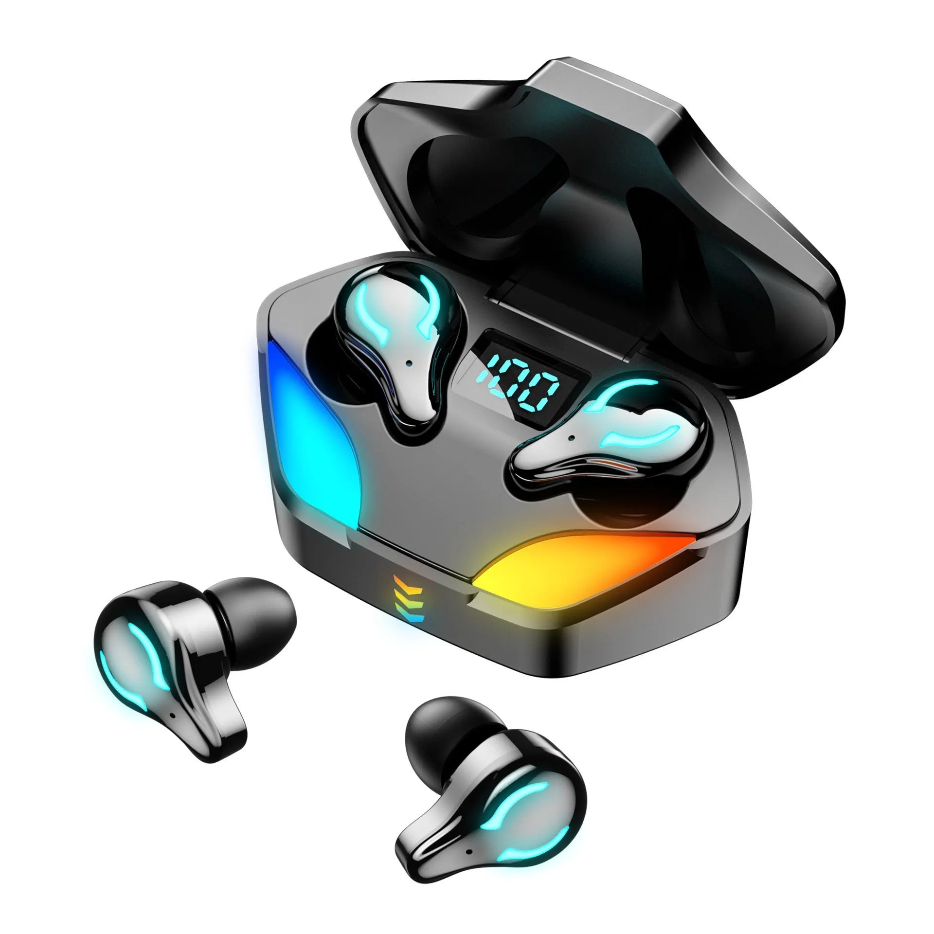 Black Bluetooth in-ear gaming headset with a simple stylish design on a plain background.
