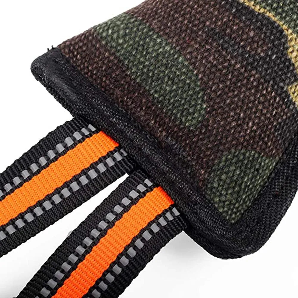 Yellow-trimmed jute dog training bite stick with reflective stitching measuring 55cm length