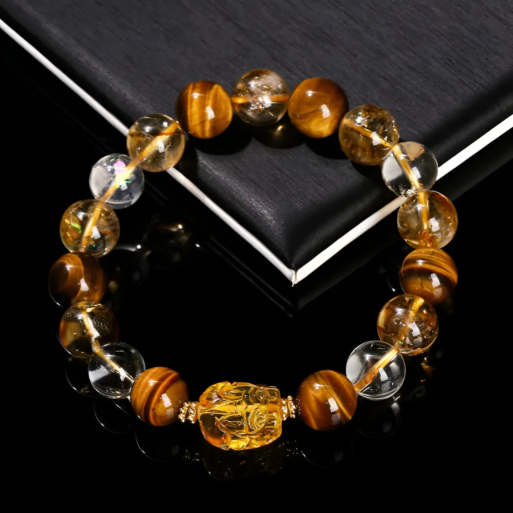 Yellow tiger's eye and citrine stone bracelet with Pi Xiu charm and 10mm geometric beads