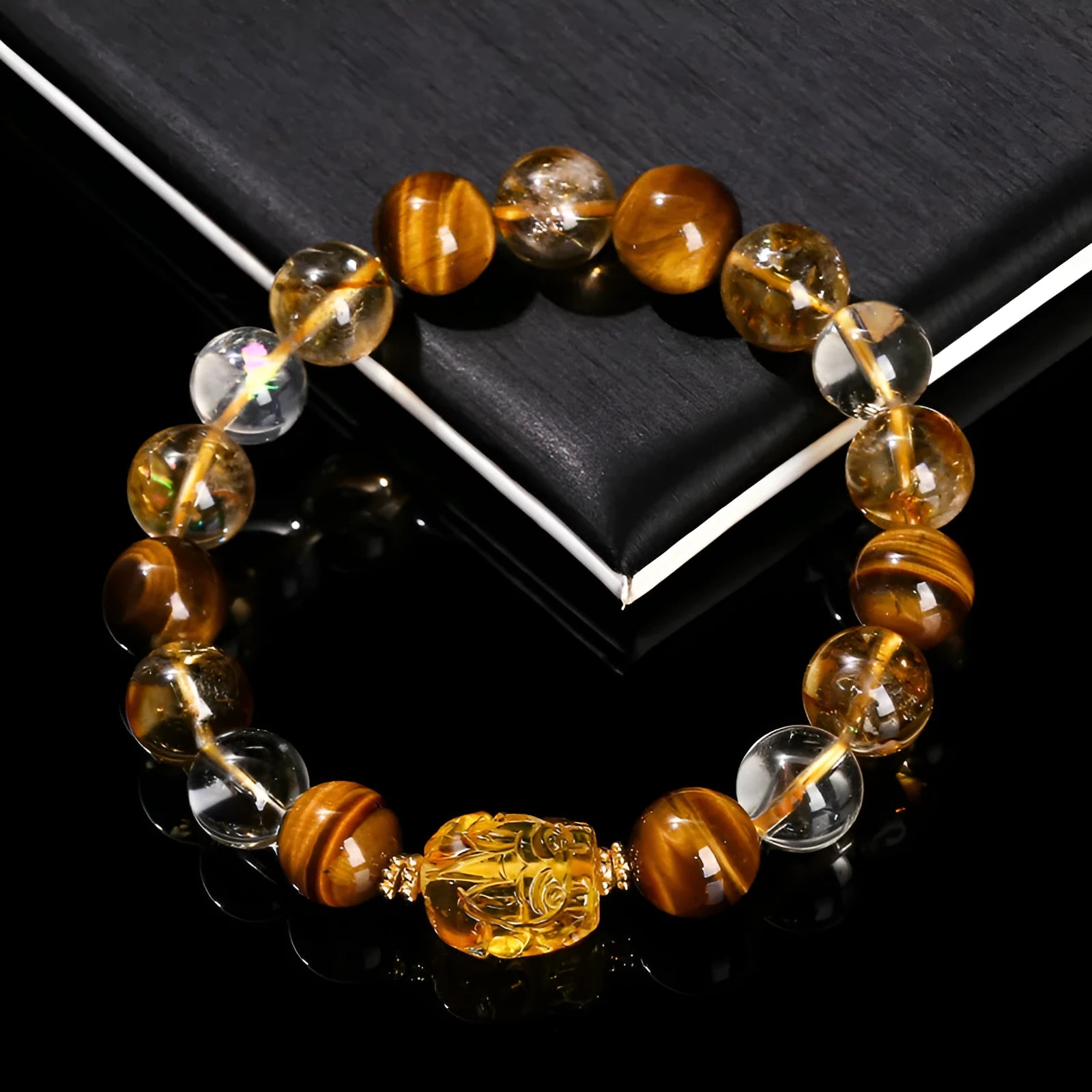 Yellow tiger's eye and citrine stone bracelet with Pi Xiu charm and 10mm geometric beads