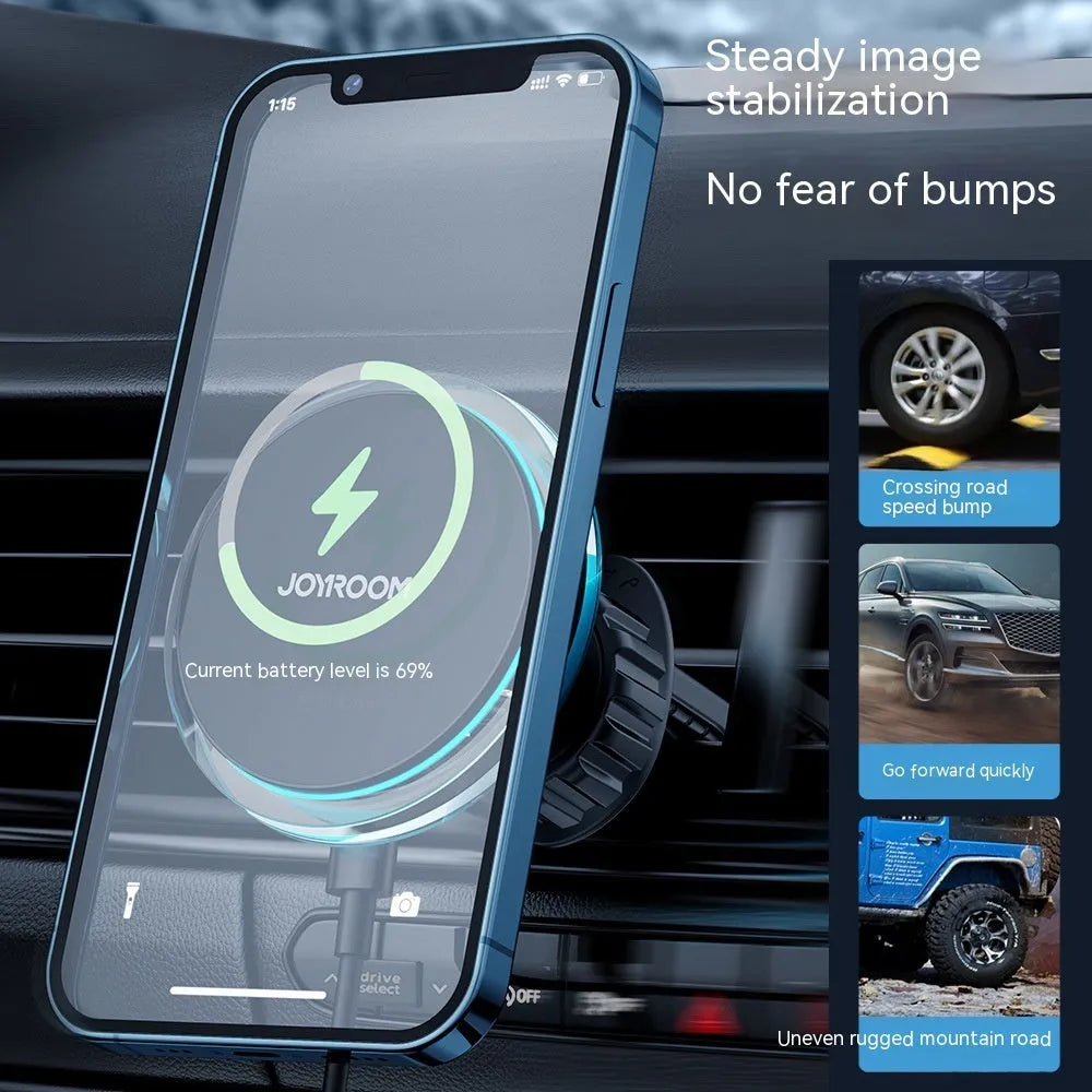 Black magnetic wireless charging car air vent phone stand showing 15W fast charging capability