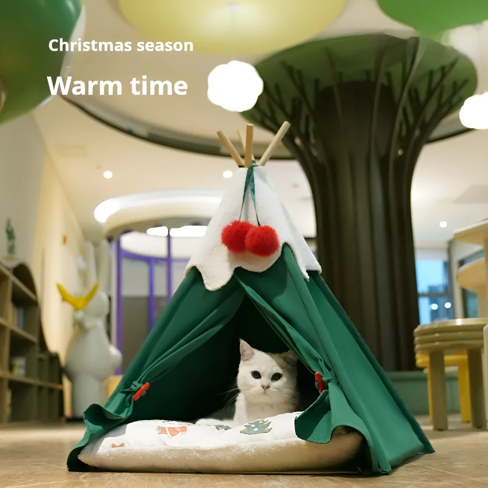 Brown semi-closed cloth cat house with padded mat inside, showing enclosed design for pet sleep.
