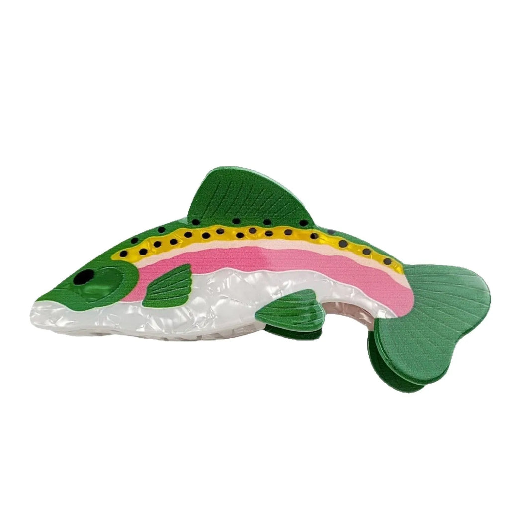 Dark green PVC hair clip with printed rainbow trout marine design and carp elements