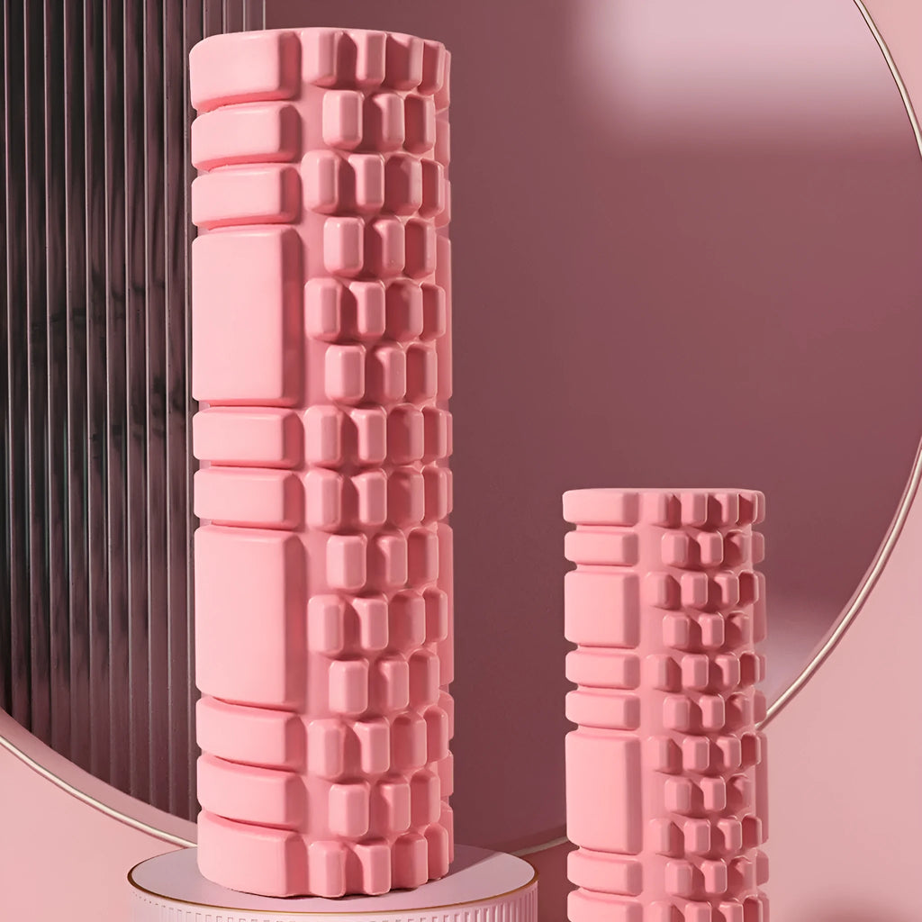 EVA foam roller fitness equipment in multiple sizes and colours including black, grey, pink, and sky blue options