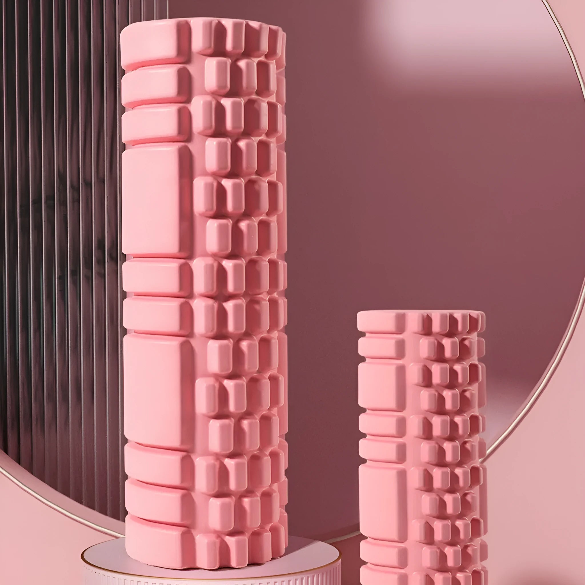 EVA foam roller fitness equipment in multiple sizes and colours including black, grey, pink, and sky blue options