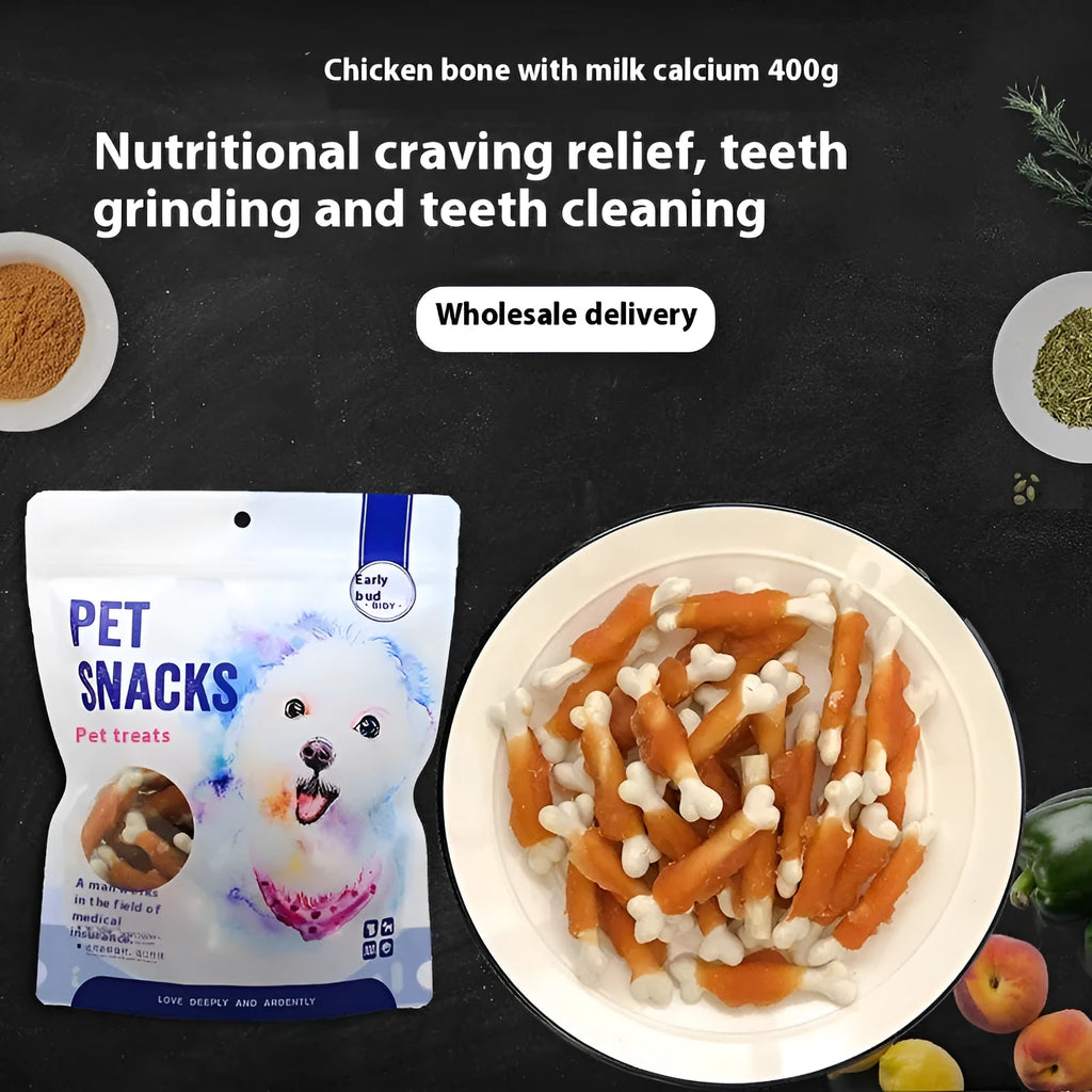 Betty chicken wrapped milk bone dog treats 400g pack showing calcium chew sticks