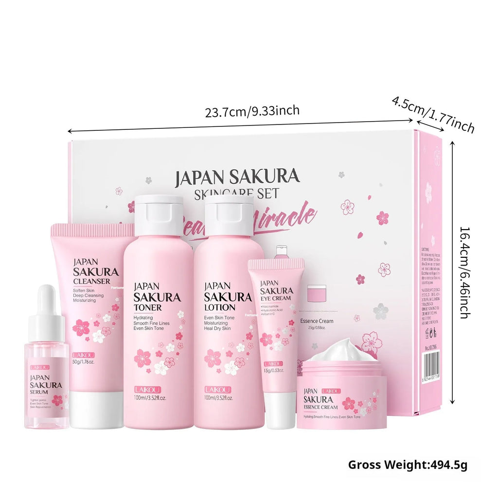 Cherry blossom skin care 6-piece set showing cleansing foam, toner, cream, essence liquid, eye cream, and essence cream