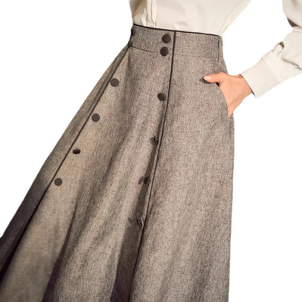 Khaki high-waisted A-line skirt with three-dimensional decoration, mid-length, polyester fabric, women's commute wear