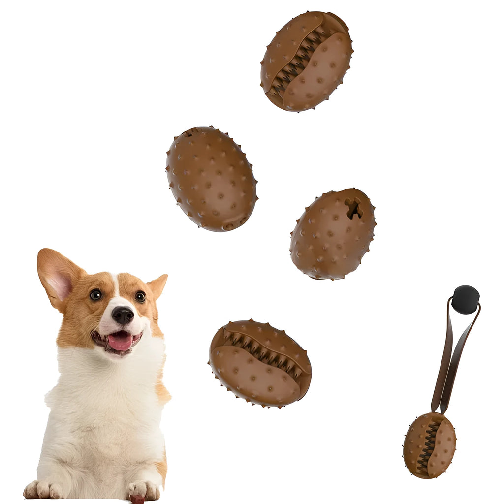 Brown coffee bean shaped dog chew toy made from TPR plastic with a rope knot texture.