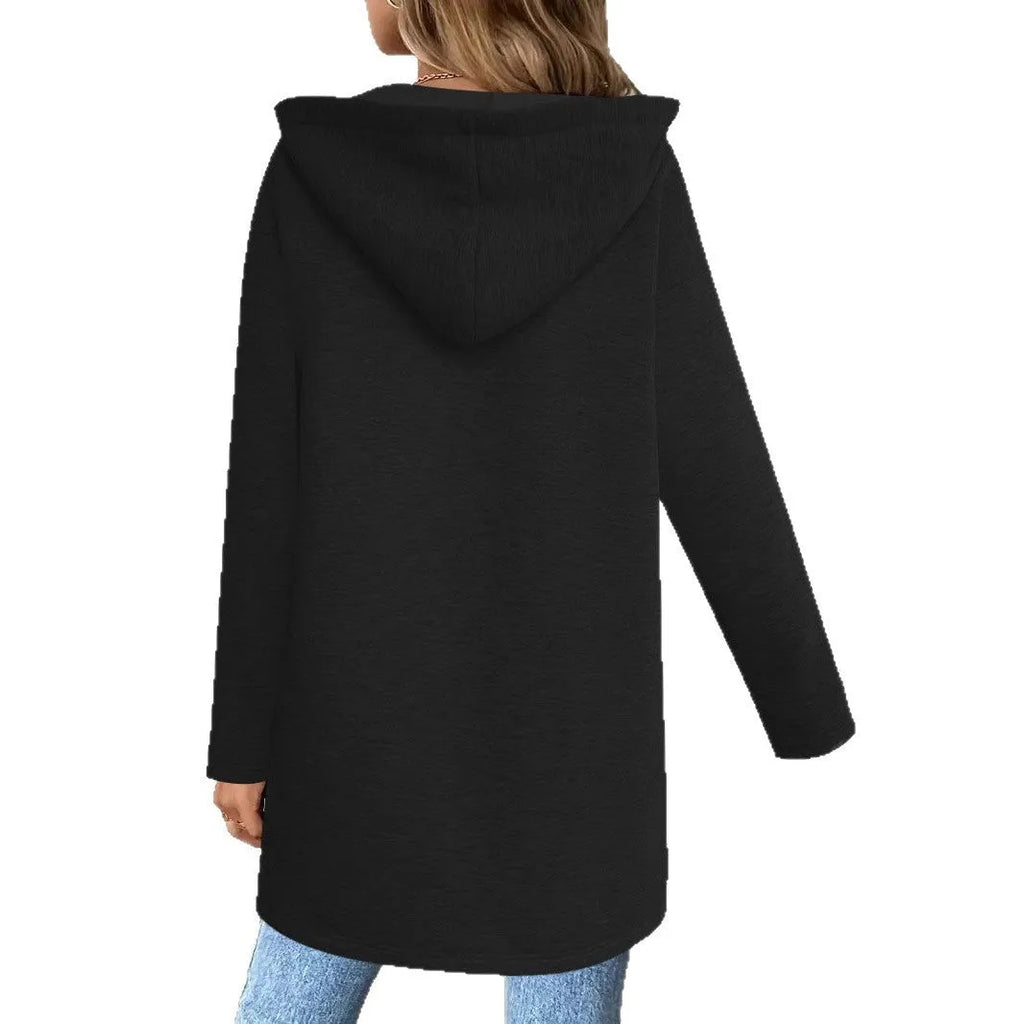 Loose grey mid-length cardigan coat for women with pockets, shown on a hanger.