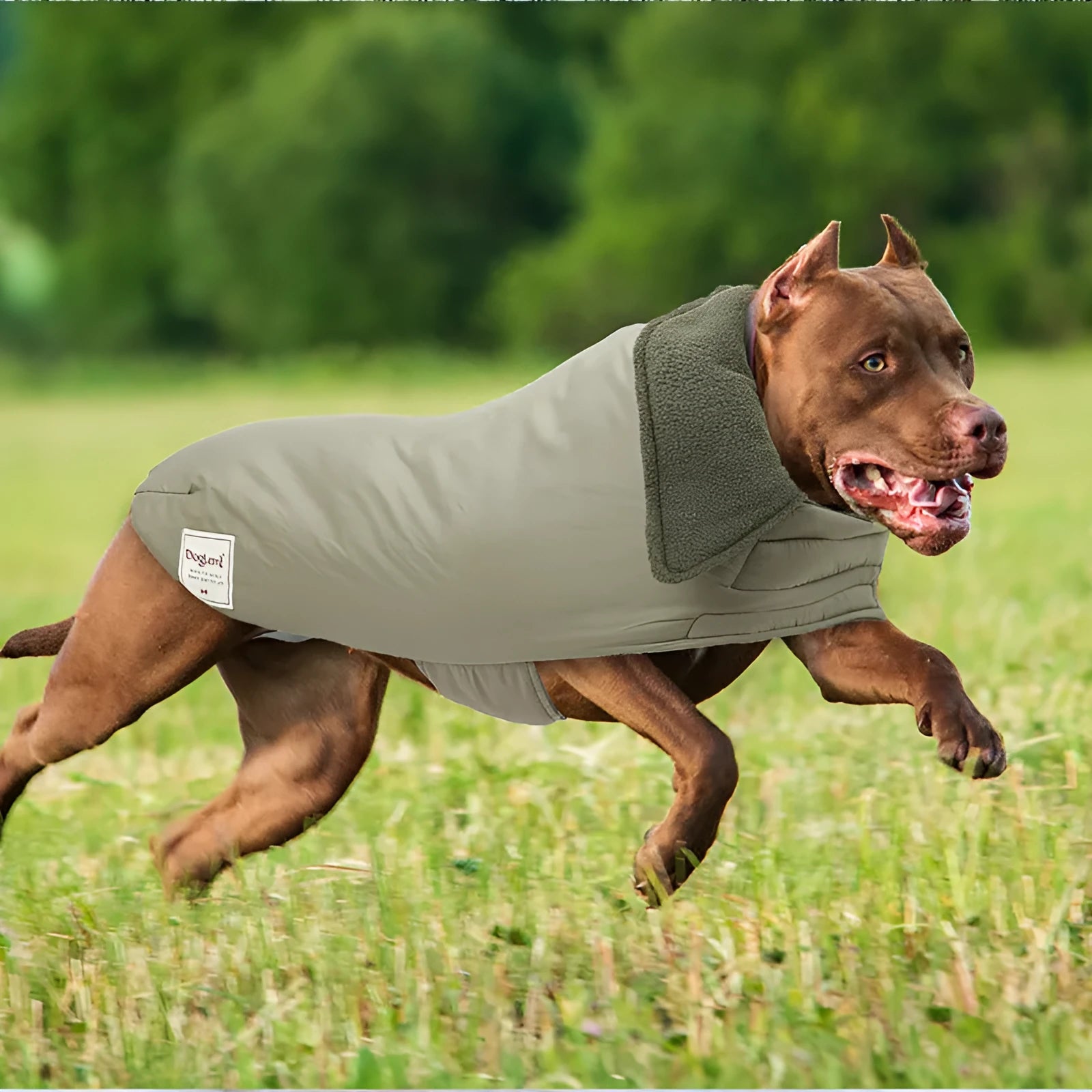 Dog wearing a khaki green padded coat with a lapel turtleneck design.