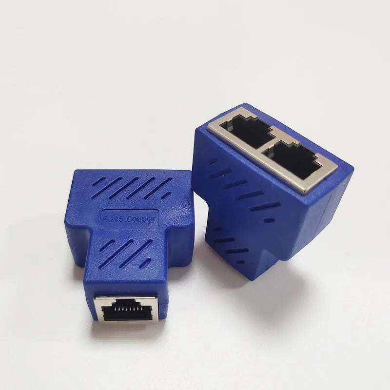 Two white RJ45 network cable splitter adapters showing one male and two female Ethernet ports.