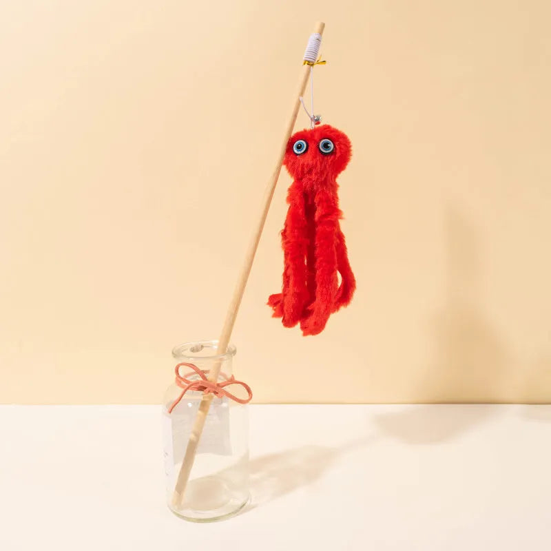 Octopus cat toy with long stick in grey, pink, purple or red colours for indoor kittens