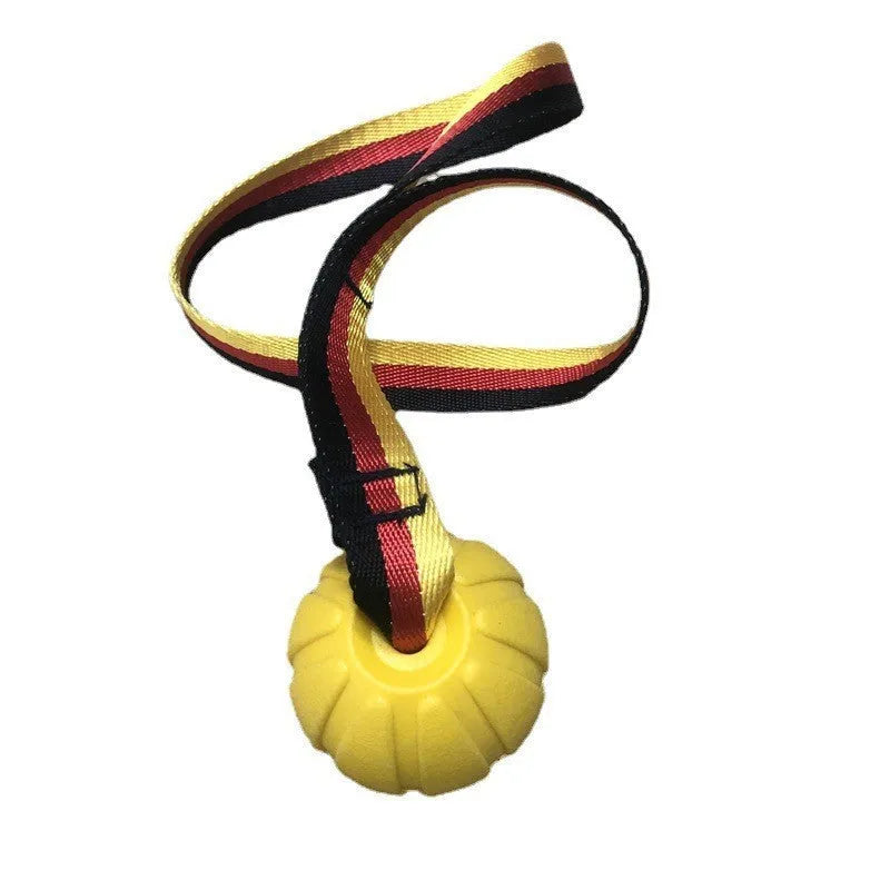 Yellow and camouflage EVA foam floating dog tetherballs in three different sizes for water fetch