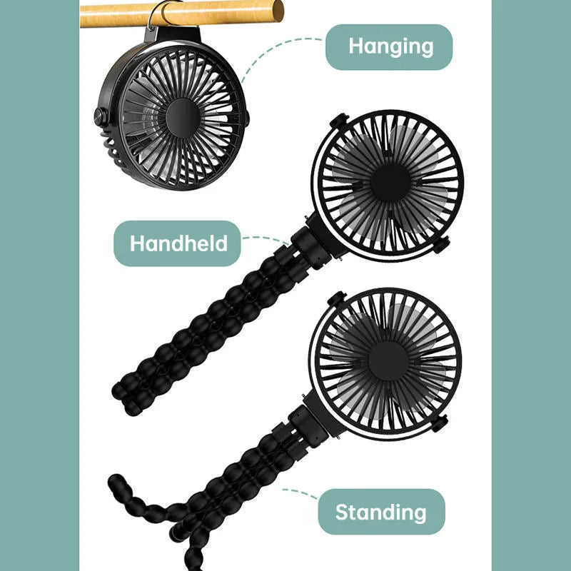 Black flexible tripod clip on USB fan with 2000mAh battery, shown with legs extended.