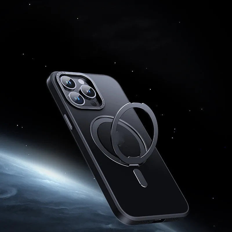 Transparent magnetic iPhone case with aluminium bracket shown on an iPhone 15.