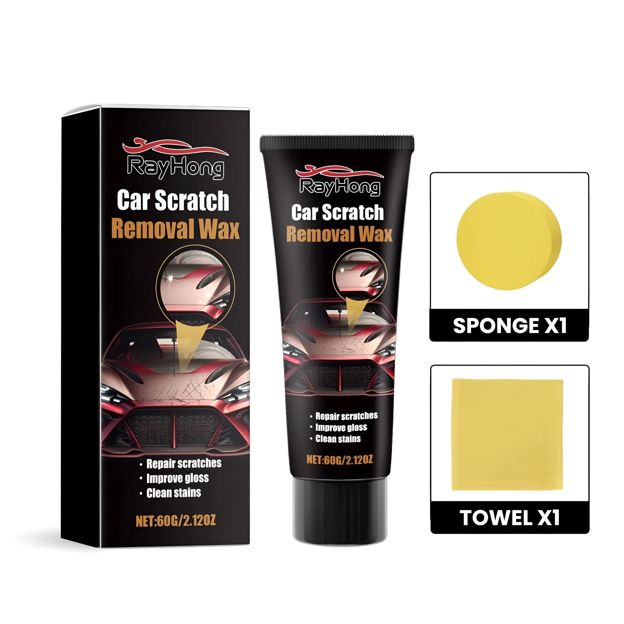 Car scratch removal wax kit with 60g container, sponge applicator and microfibre towel for paint repair