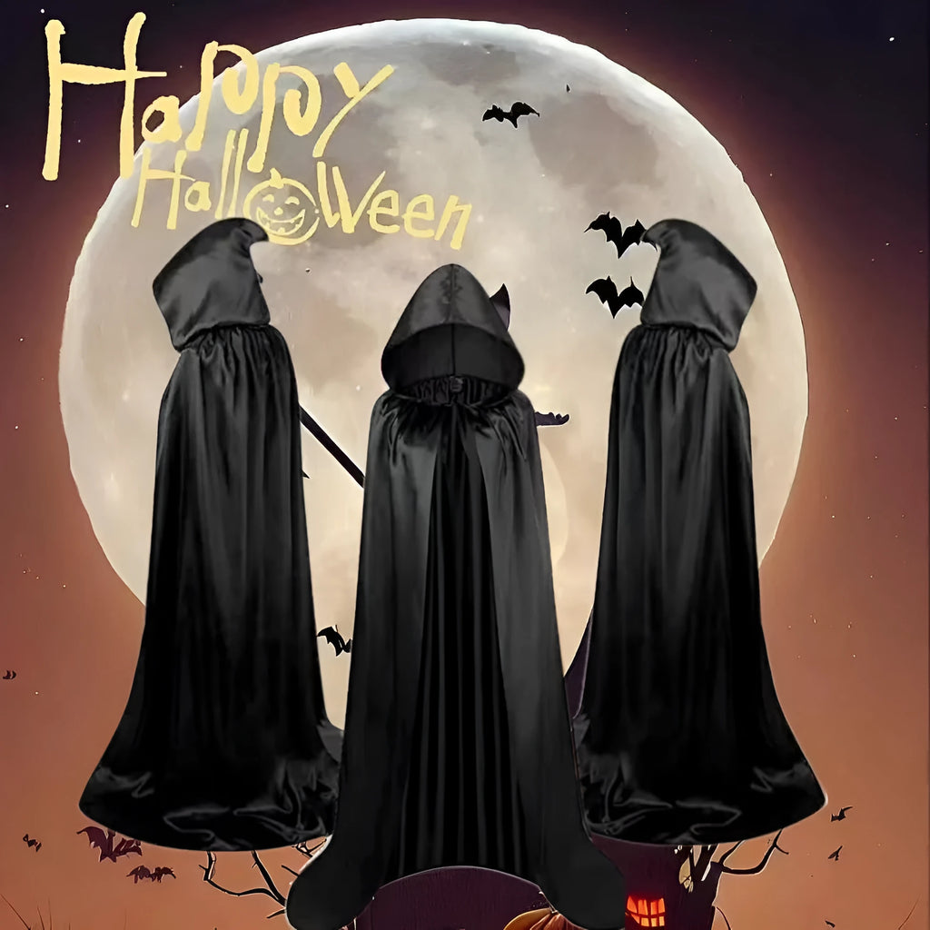 Black satin hooded cloak costume shown on mannequin with gold and purple colour options visible