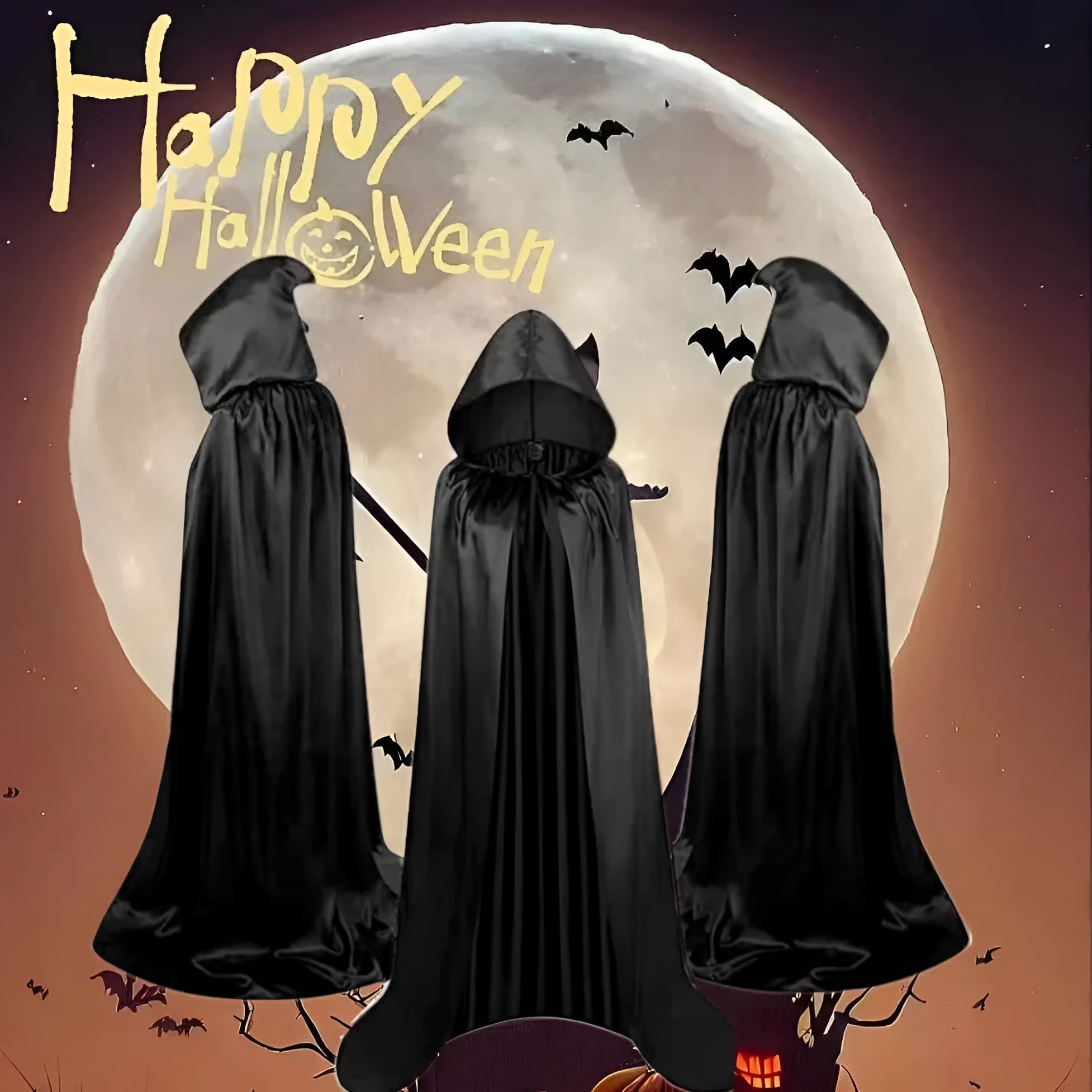 Black satin hooded cloak costume shown on mannequin with gold and purple colour options visible