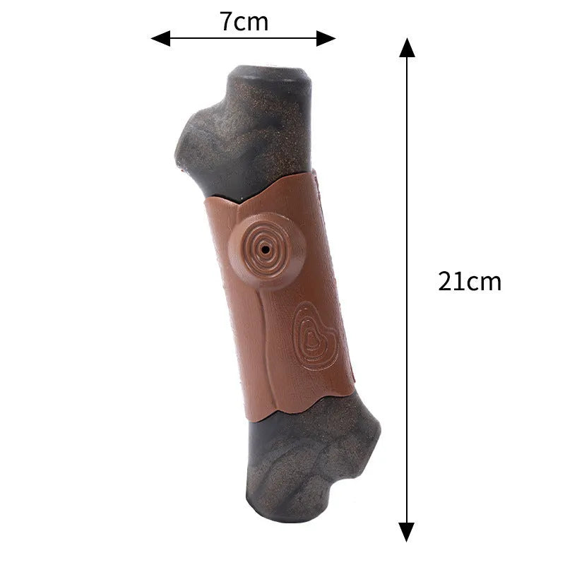 Brown branch-shaped nylon dog chew toy with bacon flavour and squeaker for large dogs