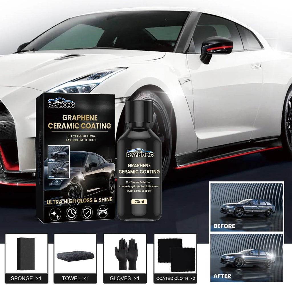 Automotive graphene ceramic coating kit with 70ml bottle, sponge, towel, gloves and coating cloths