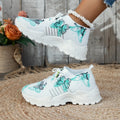 Butterfly print mesh sneakers for women in blue with flat heel, round toe, and front lace-up