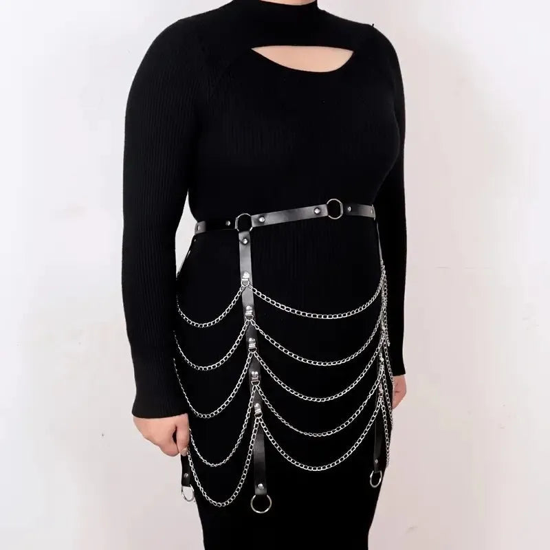 Black PU leather waist chain with bandage binding design for women
