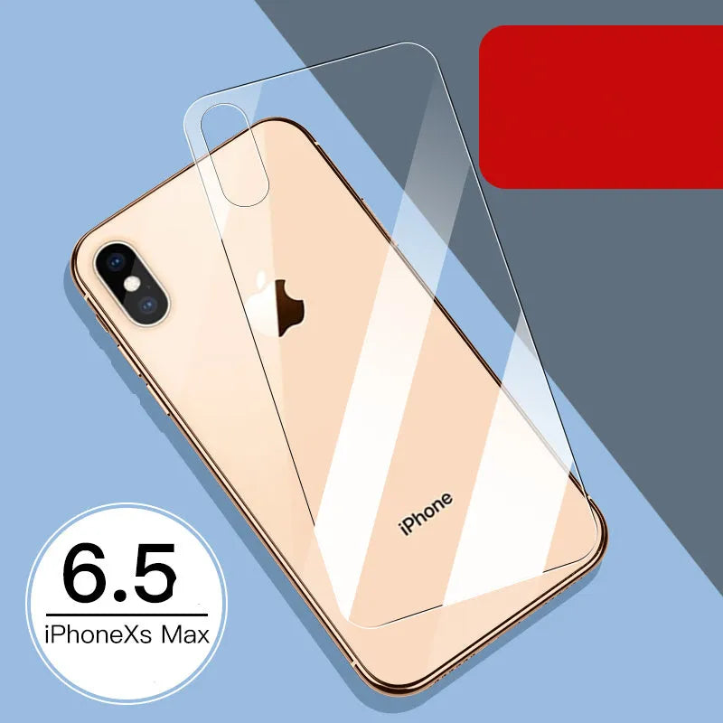 iPhone tempered glass screen protector set showing front and rear films for 11, X, and XR models.