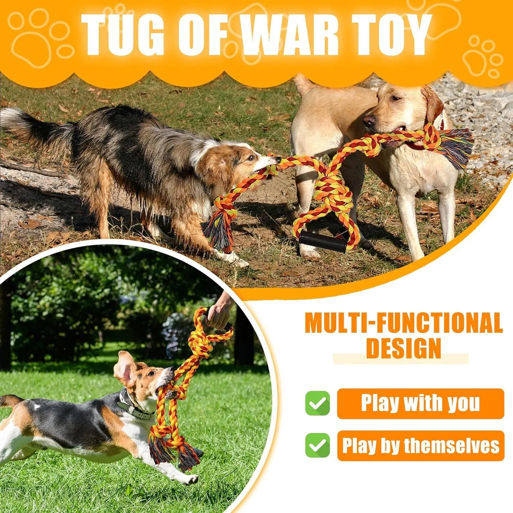 Blue and yellow cotton rope tug toy for large dogs with a non-slip handle.
