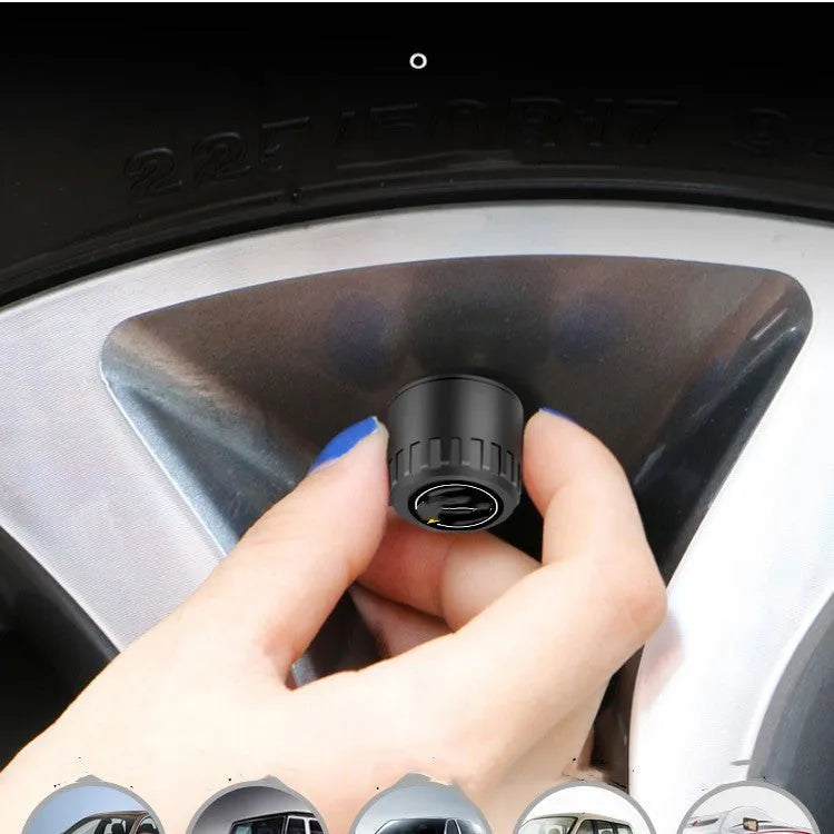 Bluetooth 5.0 car tyre pressure monitoring system with four black external sensors, a wrench, and anti-theft screws.