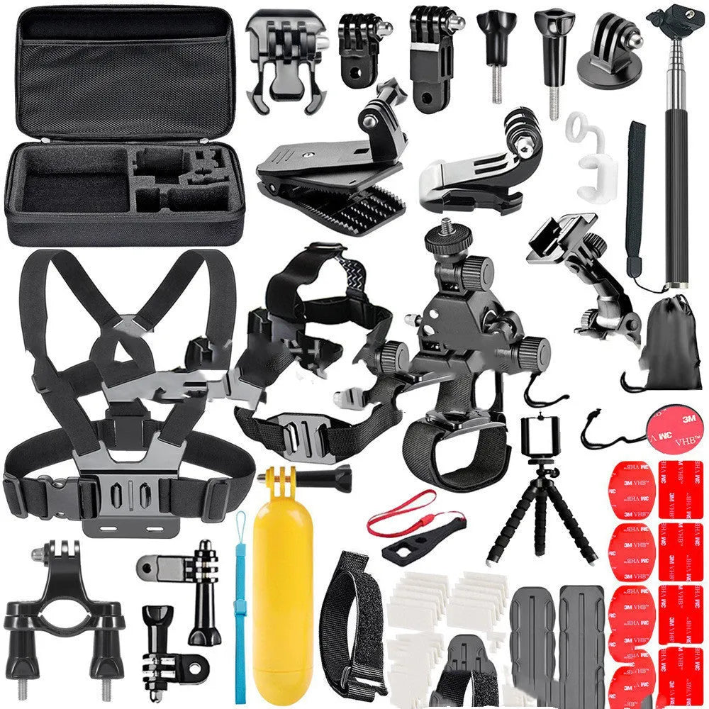 Black GoPro accessories set showing chest strap, helmet mount, and tripod stand for Hero 4, 3, 2 cameras.